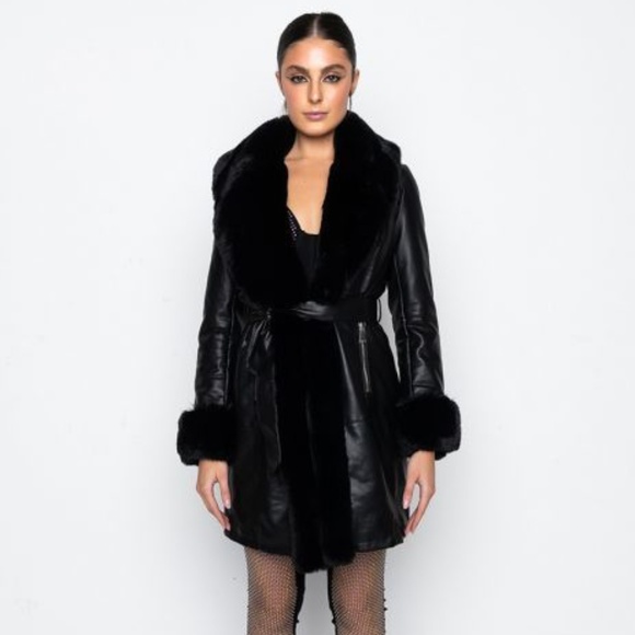 azalea wang Jackets & Blazers - AZALEA WANG GRAM GIRL PU VEGAN LEATHER AND FAUX FUR TRIM WRAP COAT